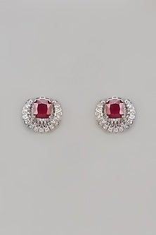 White Finish Uncut Zircon & Ruby Stone Stud Earrings