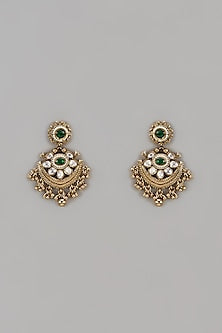 Gold Finish Green & White Stone Dangler Earrings