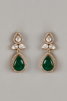 Gold Finish Uncut Zircon & Synthetic Emerald Dangler Earrings