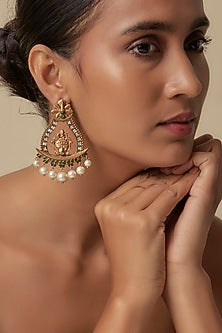 Gold Finish Uncut Zircon Pearl Dangler Earrings