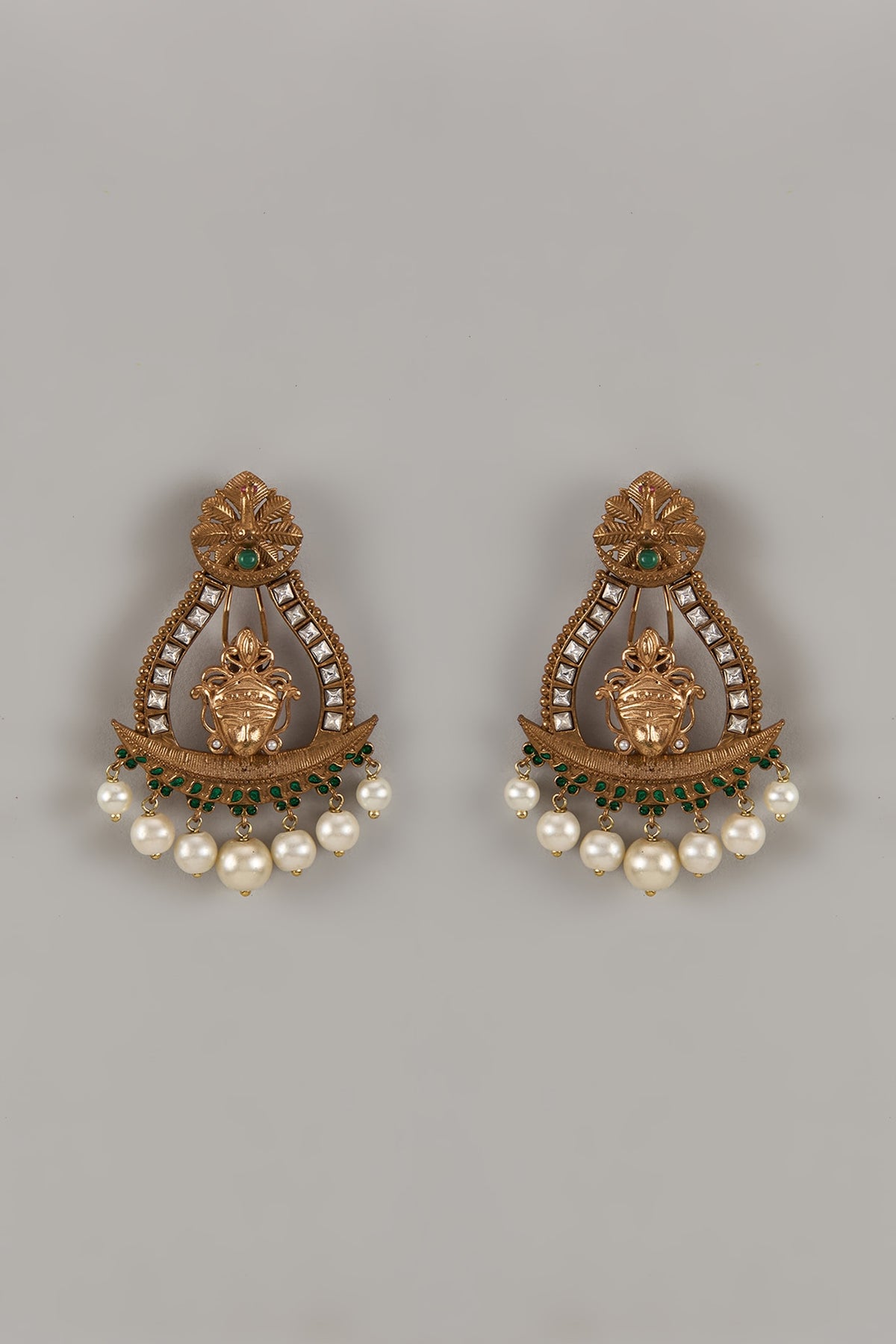 Gold Finish Uncut Zircon Pearl Dangler Earrings