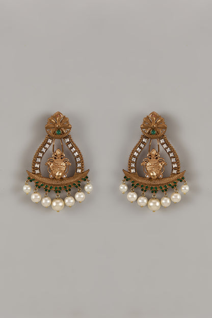 Gold Finish Uncut Zircon Pearl Dangler Earrings