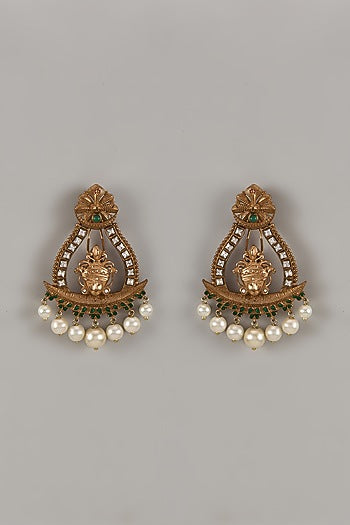 Gold Finish Uncut Zircon Pearl Dangler Earrings