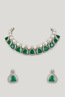 White Finish Green Stone & Uncut Zircon Choker Necklace Set