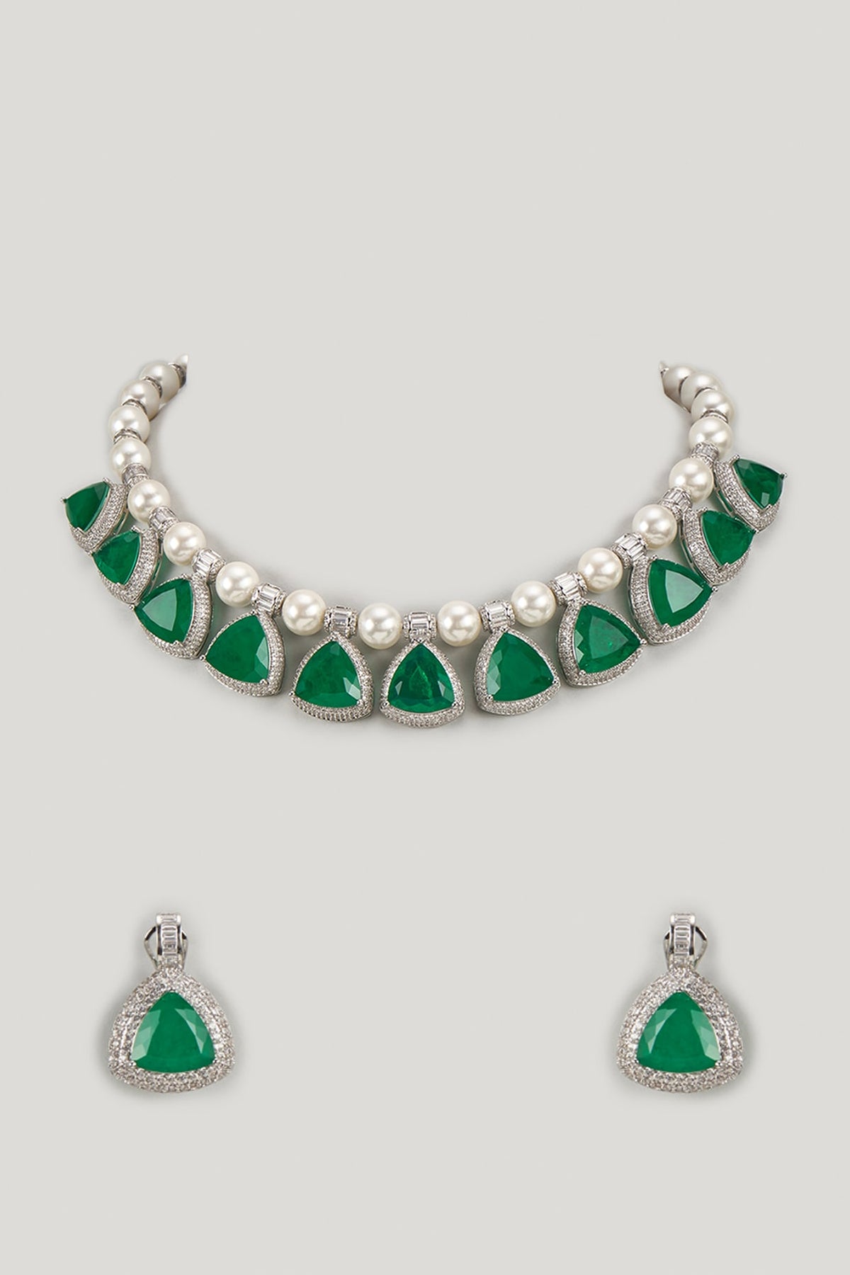 White Finish Green Stone & Uncut Zircon Choker Necklace Set
