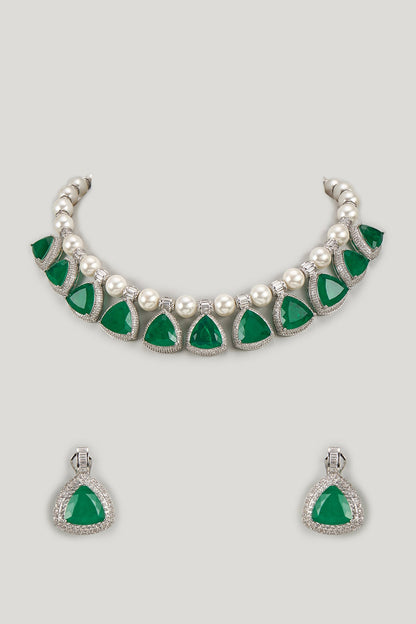 White Finish Green Stone & Uncut Zircon Choker Necklace Set