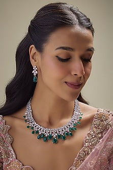 White Finish Emerald Stone & Uncut Zircon Choker Necklace Set