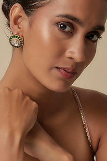 Gold Finish Synthetic Emerald & Uncut Zircon Stud Earrings