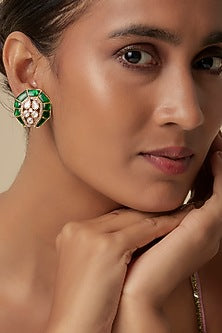 Gold Finish Synthetic Emerald & Uncut Zircon Stud Earrings