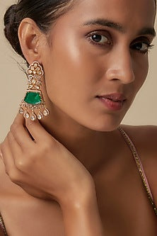 Gold Finish Synthetic Emerald & Uncut Zircon Dangler Earrings