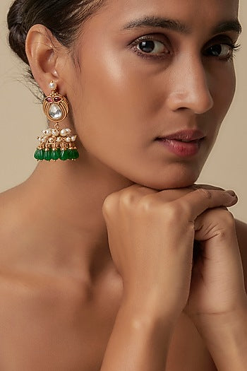 Gold Finish Pearl & Zircon Dangler Earrings