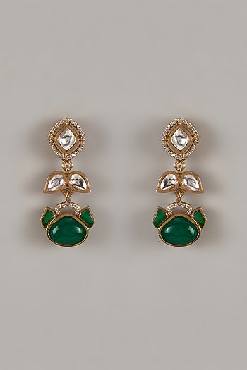 Gold Finish Uncut Zircon & Bead Dangler Earrings