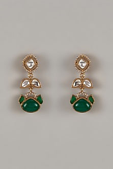 Gold Finish Uncut Zircon & Bead Dangler Earrings