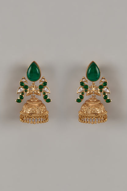 Gold Finish Uncut Zircon & Synthetic Emerald Dangler Earrings