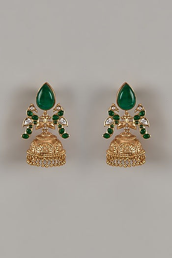 Gold Finish Uncut Zircon & Synthetic Emerald Dangler Earrings