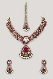 Victorian Finish Ruby Stone & Uncut Zircon Choker Necklace Set
