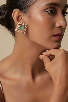 Gold Finish Uncut Zircon & Synthetic Mint Green Stone Stud Earrings