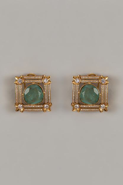 Gold Finish Uncut Zircon & Synthetic Mint Green Stone Stud Earrings