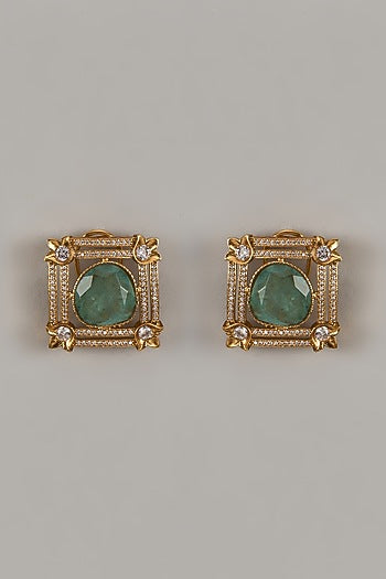 Gold Finish Uncut Zircon & Synthetic Mint Green Stone Stud Earrings