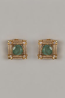 Gold Finish Uncut Zircon & Synthetic Mint Green Stone Stud Earrings