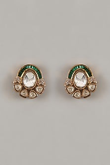 Gold Finish Uncut Zircon & Synthetic Green Stone Stud Earrings