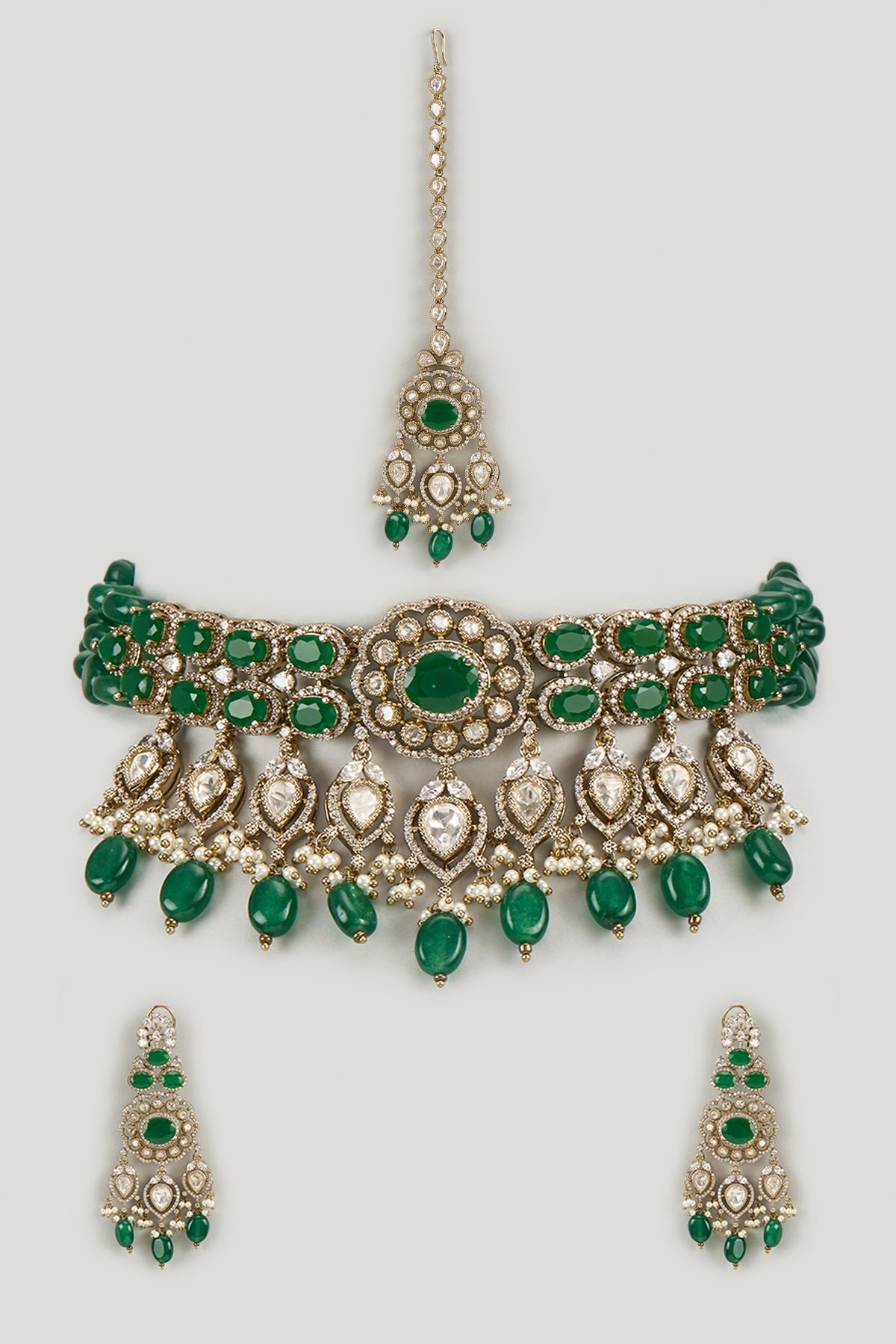 Gold Finish Emerald Stone & Uncut Zircon Choker Necklace Set