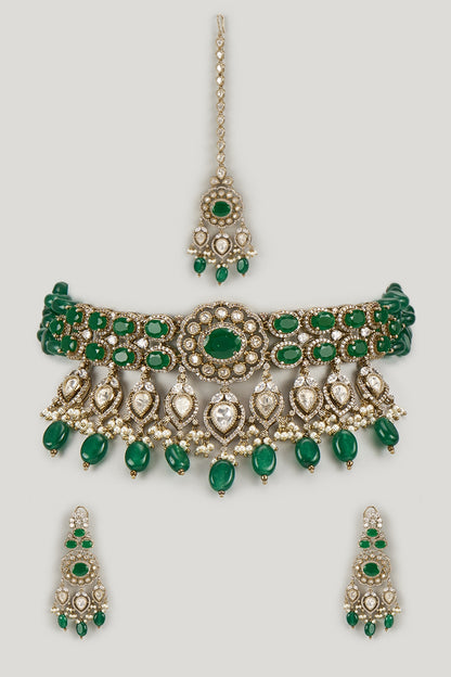 Gold Finish Emerald Stone & Uncut Zircon Choker Necklace Set