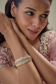Gold Finish Emerald Stone & Kundan Polki Bracelet