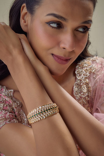 Gold Finish Emerald Stone & Kundan Polki Bracelet
