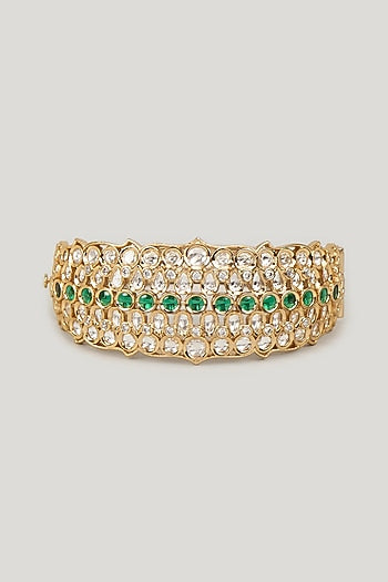 Gold Finish Emerald Stone & Kundan Polki Bracelet