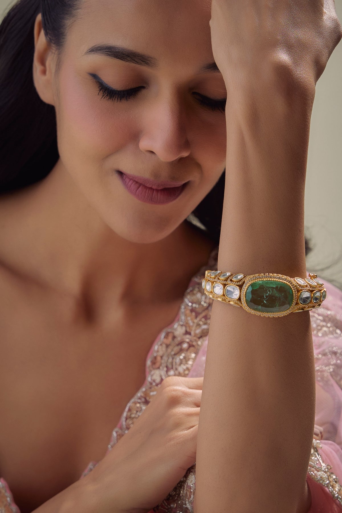 Gold Finish Emerald Stone & Kundan Polki Bracelet