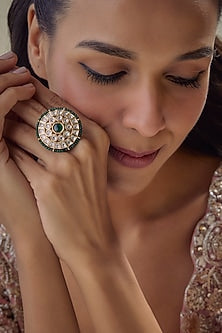 Gold Finish Kundan Polki & Emerald Stone Ring
