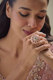 Gold Finish Kundan Polki & Ruby Stone Ring