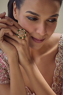 Gold Finish Kundan Polki & Emerald Stone Ring