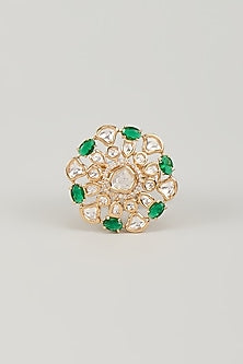 Gold Finish Kundan Polki & Emerald Stone Ring