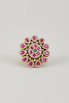 Antique Gold Finish Pink & White Jadtar Stone & Pearl Ring