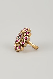 Antique Gold Finish Pink & White Jadtar Stone & Pearl Ring