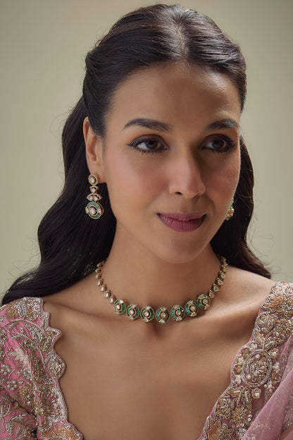 Victorian Finish Kundan Polki & Emerald Doublet Stone Necklace Set