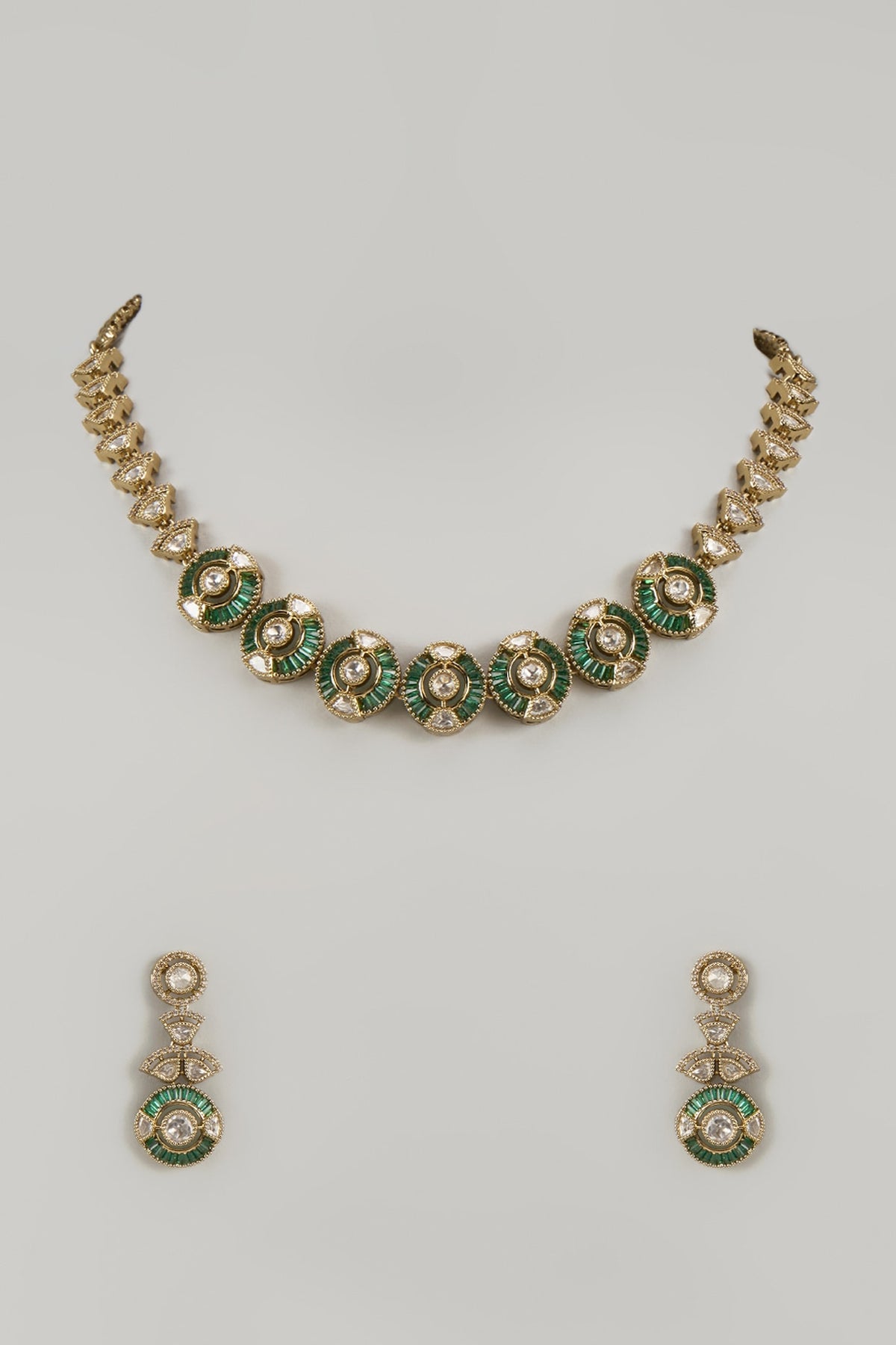 Victorian Finish Kundan Polki & Emerald Doublet Stone Necklace Set