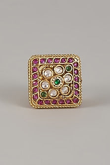Victorian Finish Uncut Zircon & Ruby Stone Adjustable Ring