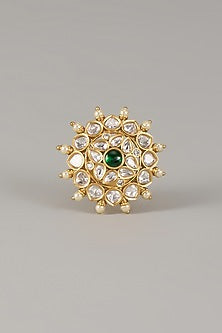 Gold Finish Uncut Zircon & Emerald Stone Adjustable Ring