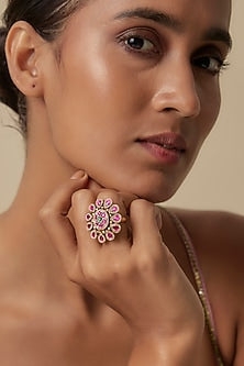 Gold Finish Uncut Zircon & Ruby Stone Adjustable Ring