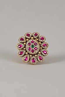 Gold Finish Uncut Zircon & Ruby Stone Adjustable Ring
