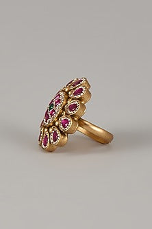 Gold Finish Uncut Zircon & Ruby Stone Adjustable Ring