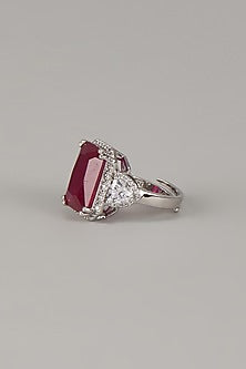 White Finish Uncut Zircon & Synthetic Ruby Stone Adjustable Ring