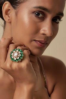 Gold Finish Uncut Zircon & Synthetic Emerald Stone Adjustable Ring