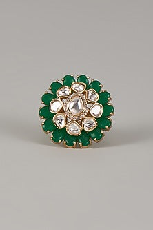 Gold Finish Uncut Zircon & Synthetic Emerald Stone Adjustable Ring
