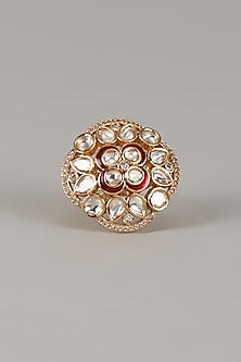Gold Finish Uncut Zircon Red Enameled Adjustable Ring