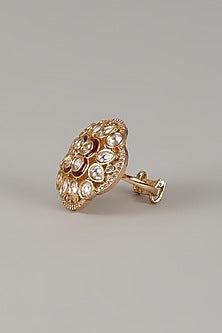 Gold Finish Uncut Zircon Red Enameled Adjustable Ring