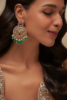 Gold Finish Uncut Zircon & Red Stone Dangler Earrings